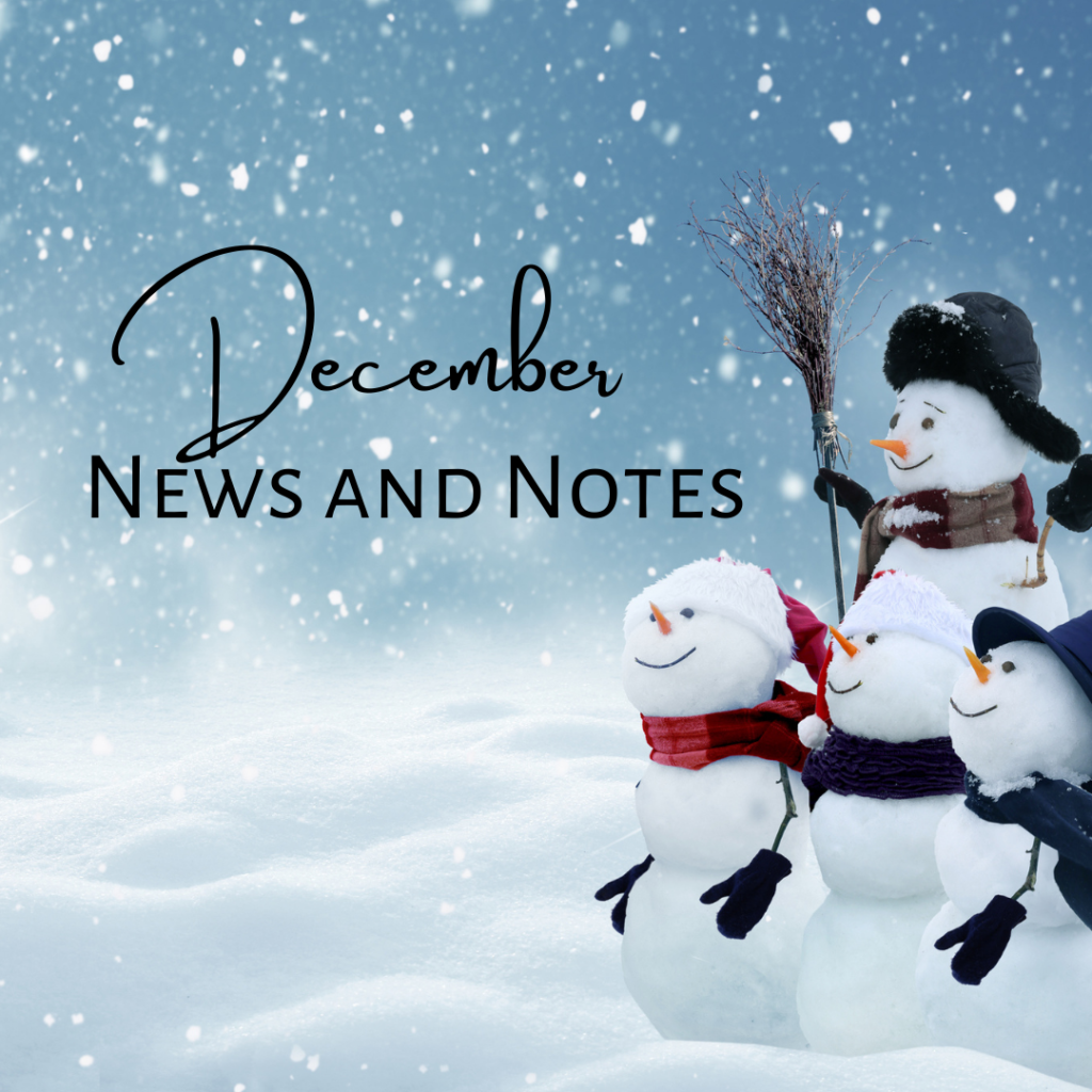 December snow with three snowmen. News and Notes of Angela D. Meyer